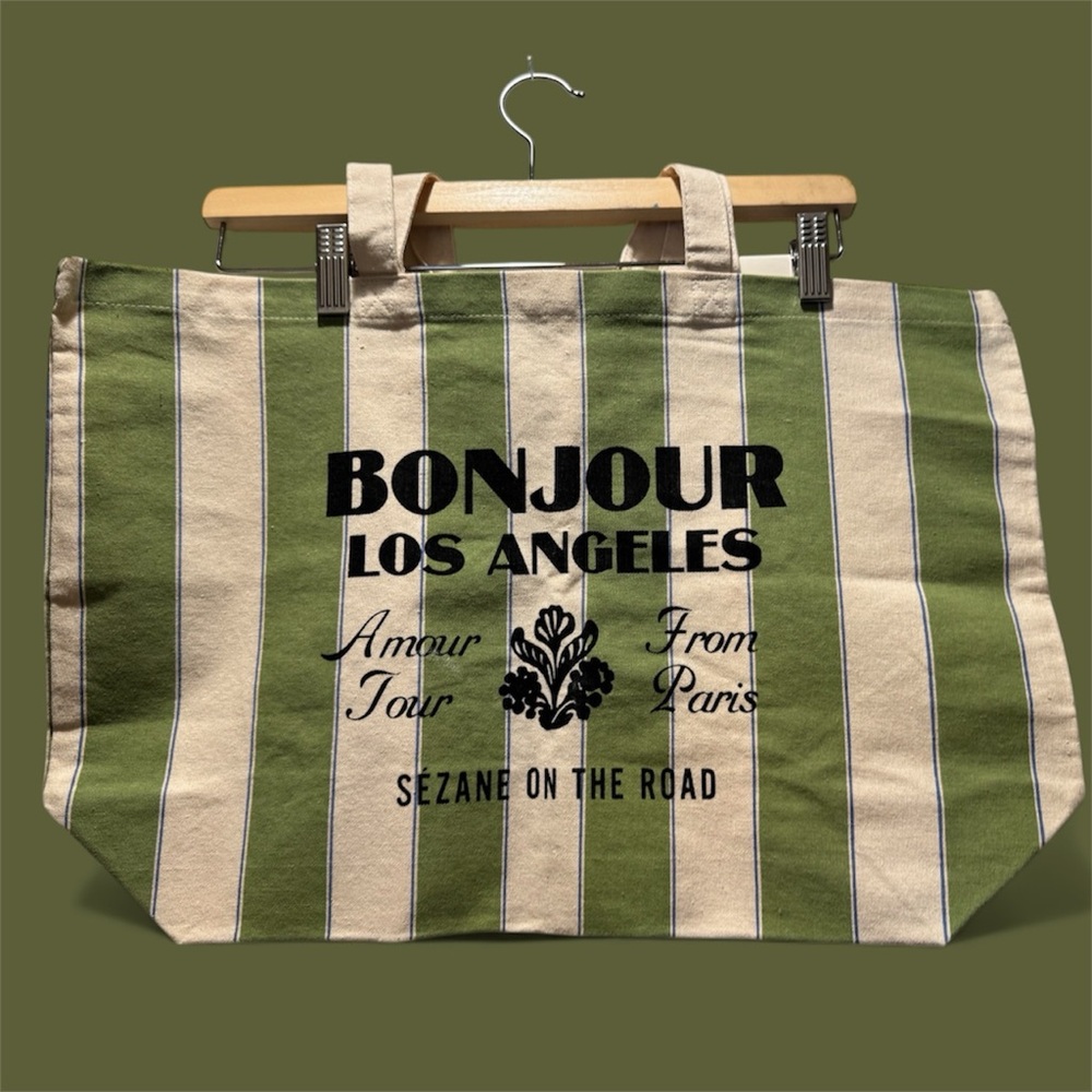 Sézane Bonjour Los Angeles Green Striped Tote Bag - New - Picture 5 of 12